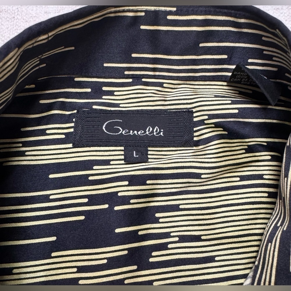 Vintage Genelli Mens Button Up Silk Shirt Large Retro Black Green Abstract - Picture 4 of 7